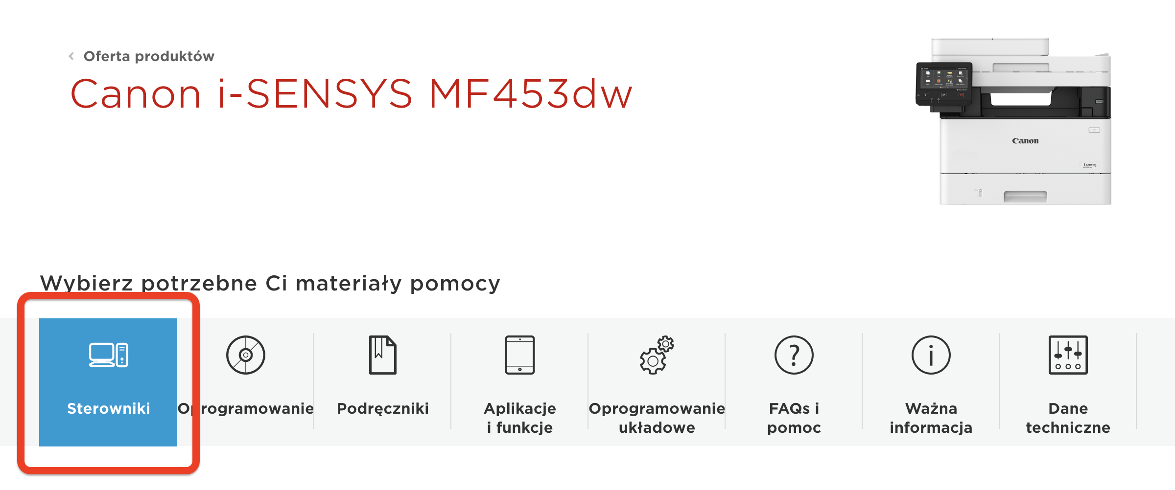 zakładka sterowniki