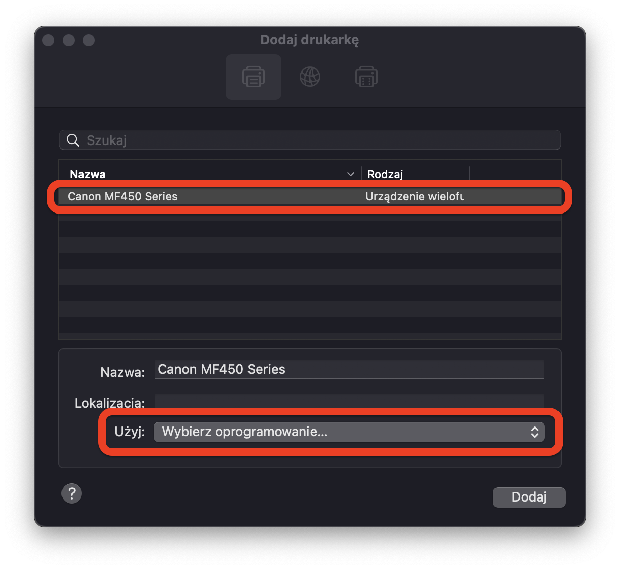 użyj wybór oprogramowania