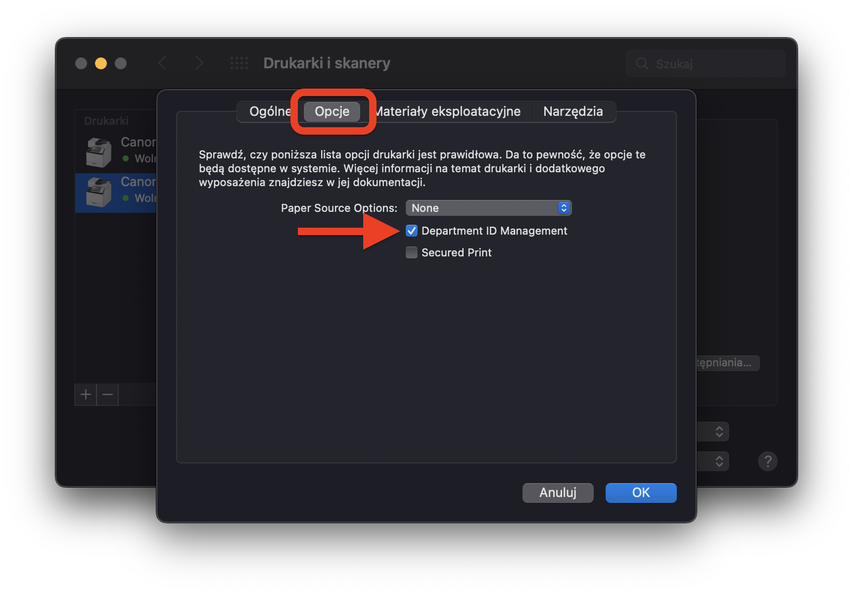 opcje Departament ID Management