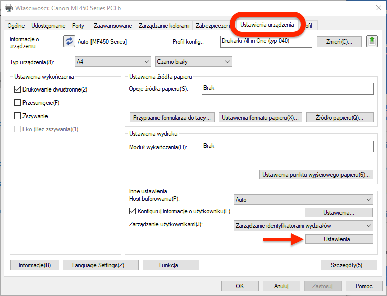 zarządzaj urządzeniem ustawienia